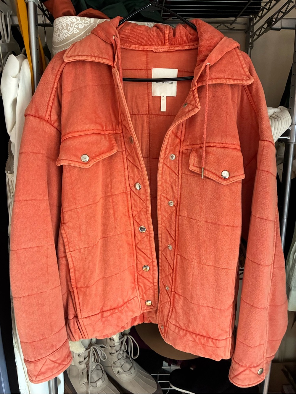 Avec Les Filles Quilted Hooded Jacket in Coral Orange